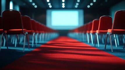 Aufkleber - Screen chairs and projector in empty conference hall with a red carpet on the floor : Generative AI