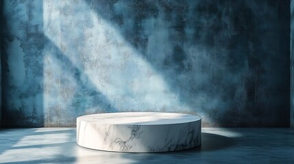 Poster - Minimal White Marble Table Corner with Light Beam Shadow and Spotlight on Blue Concrete Wall Background Suitable for Product Presentation Backdrop Display and Mock up : Generative AI