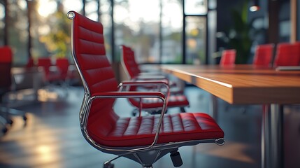 Poster - Stylish red office chairs and large wooden table in empty conference room : Generative AI