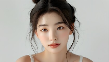 Wall Mural - Minimalist portrait of 20-year-old Korean female model with flawless skin and sleek hair bun, radiating natural beauty against a clean white backdrop