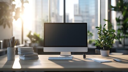 Leinwandbilder - atmosphere inside office with desk workplace with no people computer monitor and some stack of document on the desk empty room but office equipment mockup : Generative AI