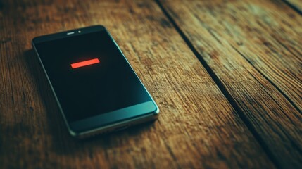 Close-up of a modern smartphone with a battery indicator showing full charge, placed on a wooden table. The background is softly blurred, focusing on the device's safety features