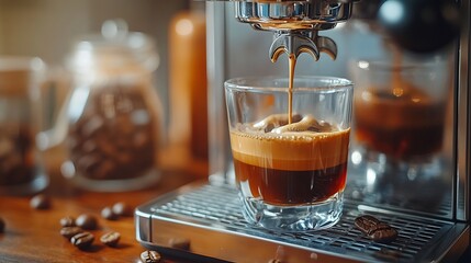 Poster - hand making Espresso Coffee by Coffee Maker Machine with Capsule of roasted coffee bean on wood table bar Daily beverage drink at Home Apartment and Office concept : Generative AI