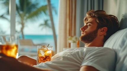 Wall Mural - Male tourist with cocktail and basin in bedroom on vacation : Generative AI