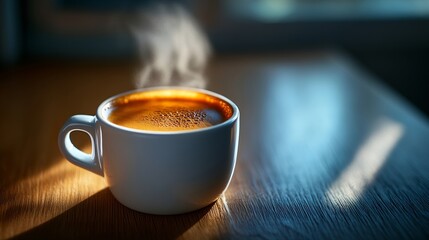 Poster - Espresso cup with steam and froth during Coffee making Coffee by Coffee Maker Machine on wood table bar Cafe shop Daily beverage drink at Home Apartment and Office concept : Generative AI