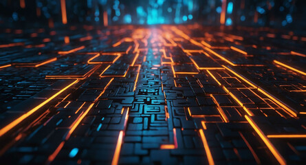 Poster - Futuristic tech grid glowing paths abstract background