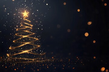 Abstract shiny christmas tree made of sparkling lights and bokeh on black background for banner, poster and backdrop design