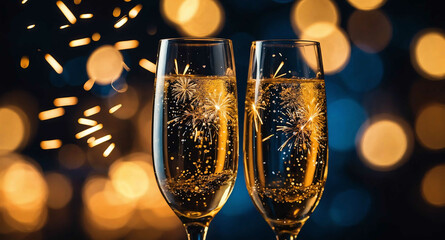 Glowing champagne flutes with fireworks abstract background