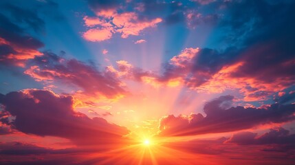 Poster - Dramatic Colorful Sunset Sky over Mediterranean Sea Clouds with Sunrays Cloudscape Nature Background Panorama : Generative AI
