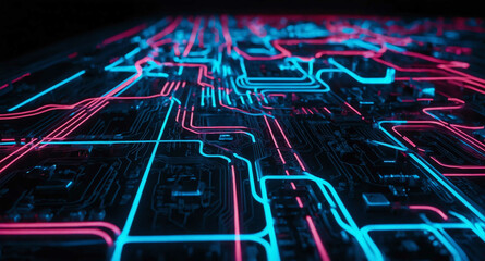 Poster - Glowing circuit lines with neon abstract background