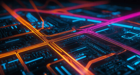 Poster - Glowing circuit lines with neon abstract background