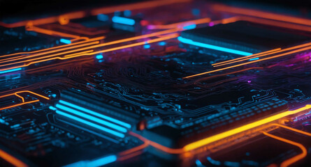 Poster - Glowing circuit lines with neon abstract background