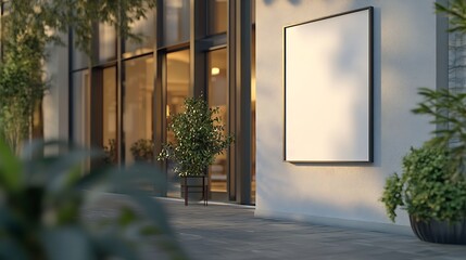 Poster - Rectangular mockup of outdoor business signboard on the wall by the entrance door : Generative AI