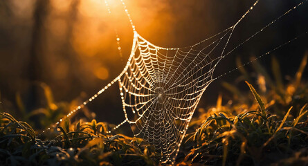 Glowing cobwebs orange mist abstract background