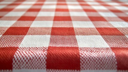Poster - Red Checkered Gingham Tablecloth Closeup plaid fabric pattern texture and textile background Corner of home table with traditional red striped table cloth surface : Generative AI