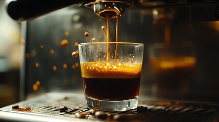 Poster - Closeup of Americano coffee pouring from the coffee machine into a cup Professional coffee brewing black coffee : Generative AI