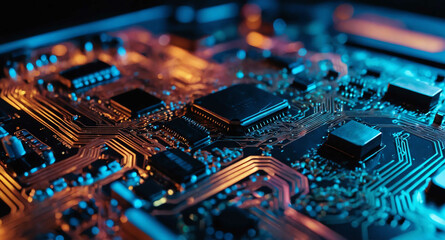 Poster - Glowing holographic circuit board abstract background
