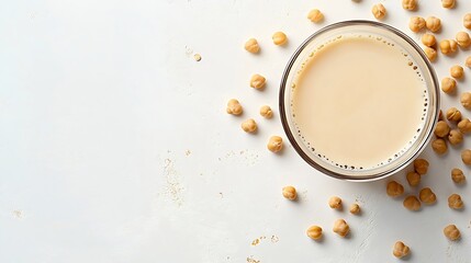 Aufkleber - Glass of chick pea milk and hickpea isolated on white background Top view flat lay : Generative AI