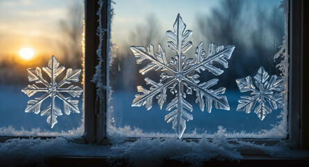 Wall Mural - Frost covered window with snowflakes background