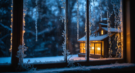 Poster - Frosty window with glowing holiday lights background