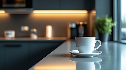 Aufkleber - Beautiful coffee cup on island or table countertop in modern home kitchen Dark grey kitchen design  detail of interior : Generative AI