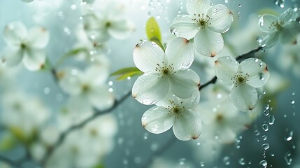 Poster - White dogwood flowers blurred behind wet glass Abstract soft light floral background : Generative AI