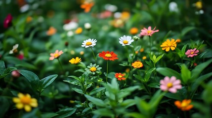 Poster - many small colored flowers with green leaves in the garden  fragrant flowers : Generative AI