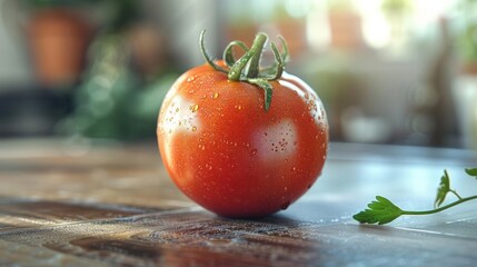 Wall Mural - A fresh red tomato with glistening skin, ready to be sliced and served.