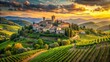 © Four888 - Scenic countryside landscape of rolling hills, lush green vineyards, and ancient stone buildings in the picturesque Tuscan town of Firenzuola, Italy at sunset.