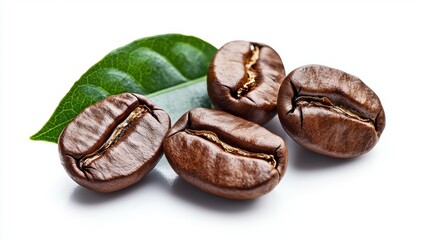 A close up of four coffee beans on a white background