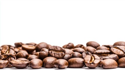 A close up of coffee beans with a white background