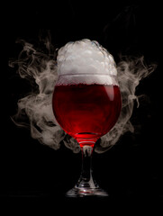 Wine glass filled with red liquid with strange swirling fog and smoke creating bubbles, shapes and patterns