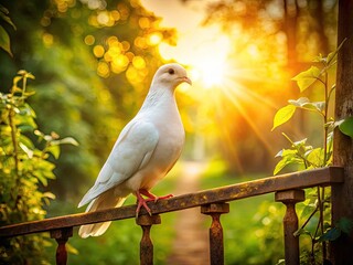 Serene white dove perches on rusted farm gate, softly gazing forward with gentle eyes, surrounded by lush greenery and warm golden afternoon sunlight.