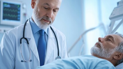 Sticker - A man in a white coat is examining a patient in a hospital bed