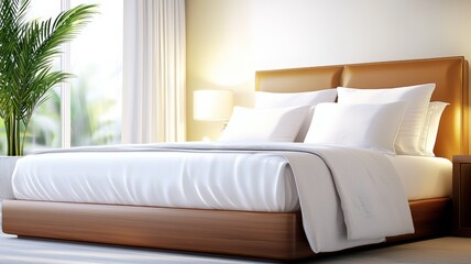 Canvas Print - A bed with a brown headboard and white pillows