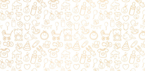 seamless pattern with cute hand drawn doodle elements golden colors isolated white backgrounds for b