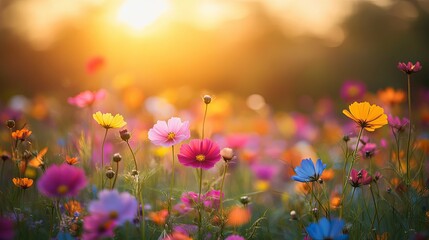 Wall Mural - Colorful Cosmos Flowers in a Field at Sunset