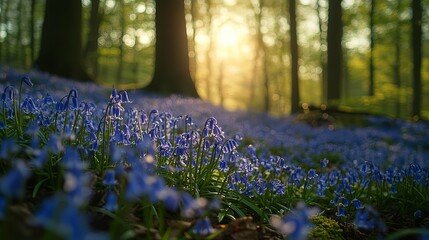 Wall Mural - Bluebells in a Sunlit Forest Clearing