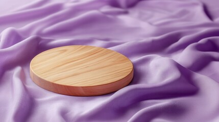 Poster - Round wooden mockup in light wood tone, placed on soft white-purple fabric, clean minimal design, copy space 