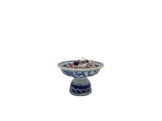 Earrings Beads Jewelries on Chinese Export Canton Porcelain Footed Dish white Background