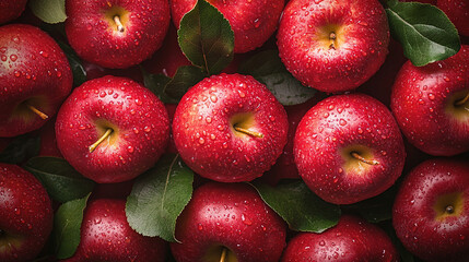 Top view of red apples with water droplets, natural photography, healthy life.