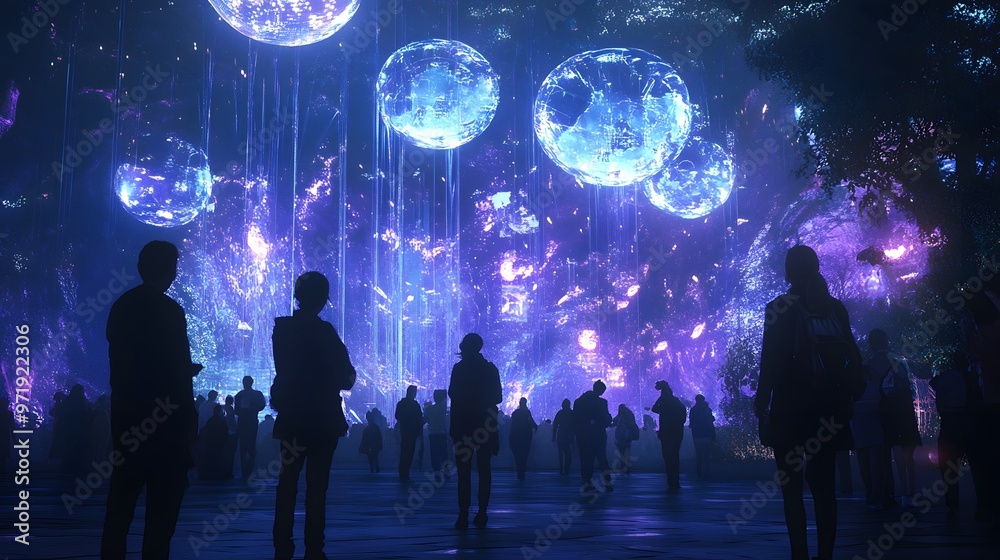 People enjoying an immersive entertainment experience in a futuristic park powered by IoT devices and blockchain technology