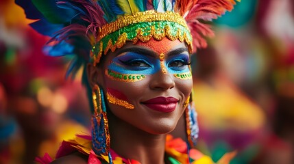 A woman wearing a colorful headdress and smiling. Concept of joy and celebration