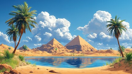 Wall Mural - Oasis with Two Pyramids in a Desert Landscape