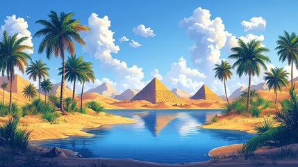 Wall Mural - Palm Trees and Pyramids Beside a Tranquil Oasis Lake