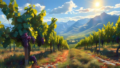 Futuristic vineyard teeming with vines wrapped around silver coins under a sunlit sky, embodying fruitful wealth in a harmonious color palette