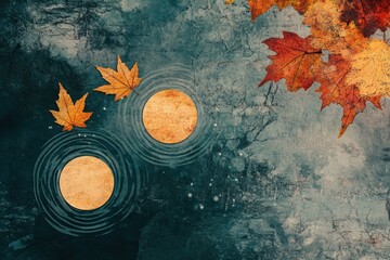 Two Golden Circles with Ripples and Fall Leaves on a Textured Background