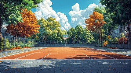 A basketball court surrounded by trees and a building on a sunny day.