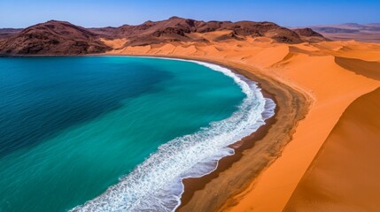 A breathtaking coastline where the desert meets the sea, offering a stunning contrast between vibrant blue waters and golden dunes.