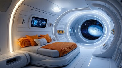 A luxurious, futuristic bedroom aboard a spaceship, with a view of a distant planet through a large window.